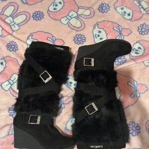 bebe Black Faux Fur Wedge Boots with Buckle Straps